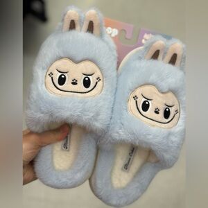 Cute Blue Furry Slippers with Cartoon Face